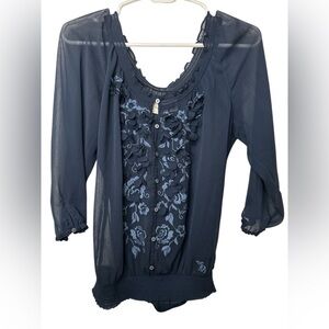 Abercrombie & Fitch Dark Blue Floral Sheer Blouse